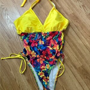 SHEIN Yellow and Blue One Piece Swimsuit with Floral Design